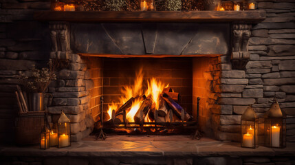 Rustic Stone Fireplace with Crackling Firewood and Ambient Candlelight, Traditional Lodge Decor and Warm Comfort