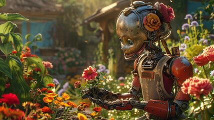 Steampunk Robot Tenderly Handling Flowers