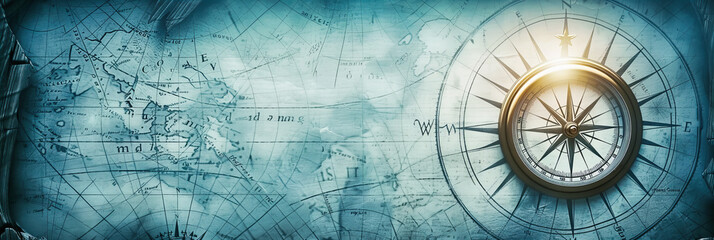 Fototapeta na wymiar Antique Travel Concept with Old Map and Compass, Vintage Nautical and Exploration Theme, Journey and Adventure