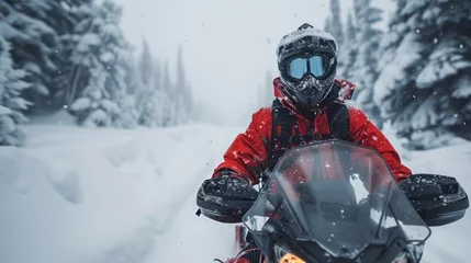 Fotobehang winter sports with a snowmobiling selfie speeding through a snowy landscape © Lerson