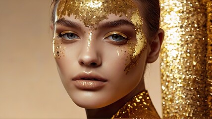AI Generated fictional blond woman in gold glittering dress on golden glitter background, Closed eyes girl with blond lush hair, luxury and premium photography for advertising product design