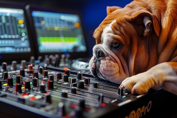 bulldog pressing buttons on dj mixer, intense focus - 769437135
