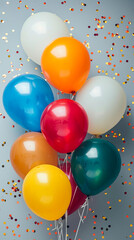 A bunch of balloons in various colors are tied together. The balloons are scattered around a grey background