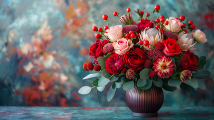Bouquet of red and white flowers in vase on wooden background