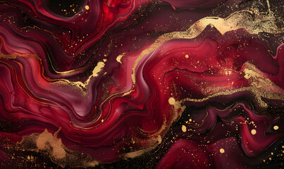 Maroon gold abstract texture marble pattern liquid ink paint, Generative AI - obrazy, fototapety, plakaty