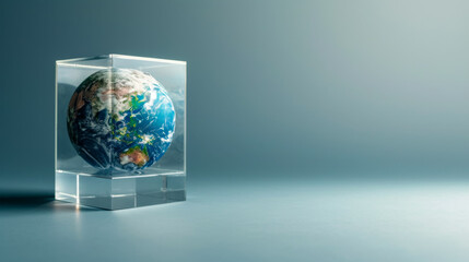 A clear cube with a globe inside of it. The globe is blue and white