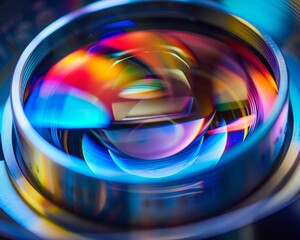 The colorful optical brilliance of a lens captured in a lab