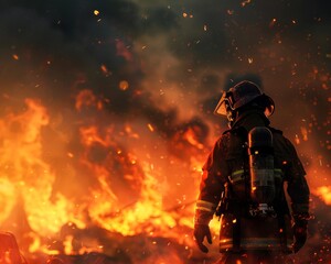 Fototapeta na wymiar A firefighter standing in front of a blazing inferno