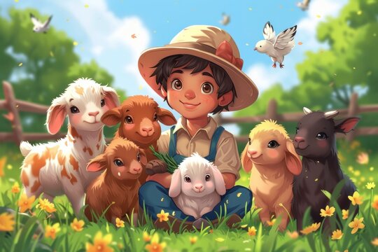 Little farmer boy with baby animals in the countryside on a beautiful day