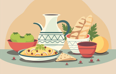 Flat Design of Vegetable Baguette Food Dishes with Vase Bowl for Nowruz Celebration