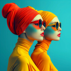 Fashion portrait of beautiful woman with bright make-up and turban.