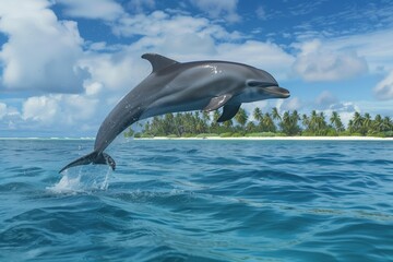 Fototapeta premium dolphin midleap with tropical island backdrop