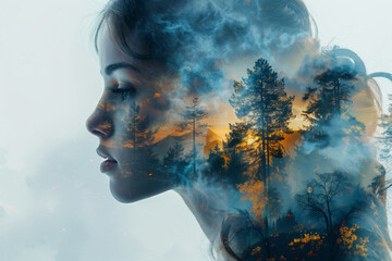 double exposure to convey the essence of wanderlust-inspiring landscapes, sunset in the forest - obrazy, fototapety, plakaty