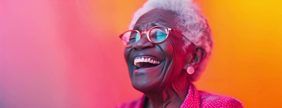 Close-up of a seniors joyful laughter, a neon backdrop adding vibrancy to this genuine moment of happiness