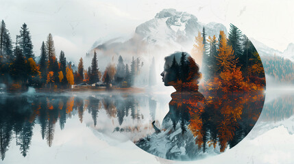 пейзаж с озером, double exposure to convey the essence of wanderlust-inspiring...