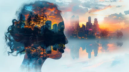 Foto op Canvas double exposure: person against blend of lush forests and with urban skylines, juxtaposition of nature and human civilization © Irina