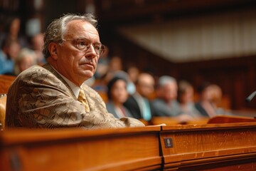 Thoughtful male politician in a suit sitting in the assembly hall - obrazy, fototapety, plakaty