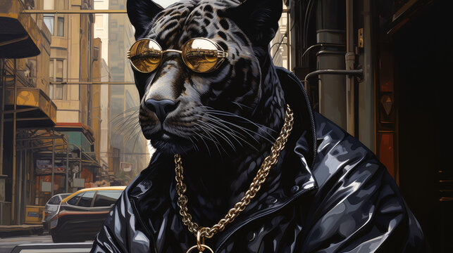 A Black Panther Wearing Sunglasses And A Gold Chain Necklace. The Panther Is Sitting On A Street Corner