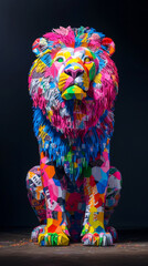 A colorful lion statue sits on a wooden surface. The lion is made of paper and has a rainbow of colors. The statue is a work of art and is likely meant to be a decorative piece