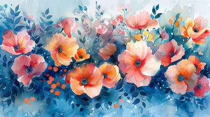 watercolor background with poppy field - obrazy, fototapety, plakaty