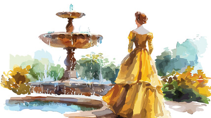 Vintage lady by the fountain watercolor Flat vector 