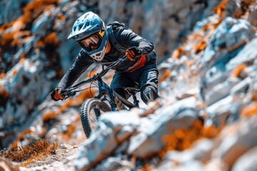 Mountain biker conquers challenging rocky trail with full-suspension bike - obrazy, fototapety, plakaty