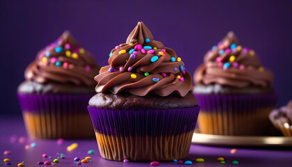 chocolate cupcake with chocolate frosting and sprinkles on a purple background