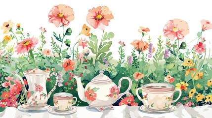 Obraz na płótnie Canvas Vintage tea party in garden watercolor Flat vector isolated