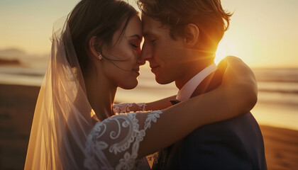 Romantic Wedding Couple Embracing at Beach Sunset - obrazy, fototapety, plakaty