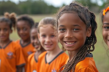 Diverse group of young female soccer players smiling on field, unity and teamwork in action