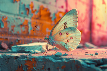 a butterfly in the style of pastel colors, leica summilux 50mm f/1.4 asph, enchanted forest, graffiti art, pictorialism, light pink, vintage film