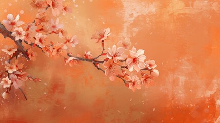 Textured Orange Backdrop: Vibrant Cherry Blossoms - Artistic Interior Flourish Enriching Springtime Ambiance with Elegance and Beauty, Creating a Captivating Atmosphere of Renewal and Delight