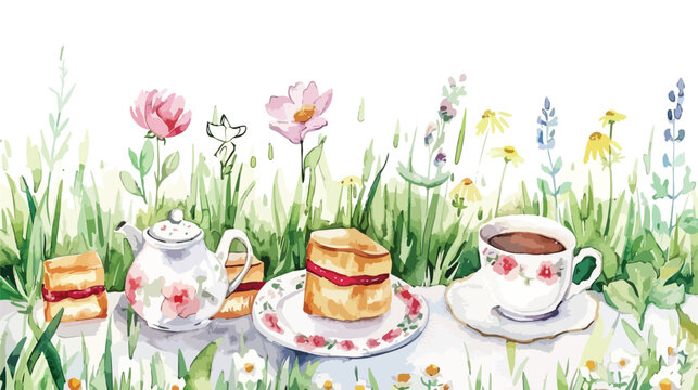 Vintage tea party in garden watercolor Flat vector isolated
