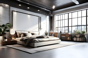 modern bedroom interior, spacious bed, bright atmosphere. Generative AI - obrazy, fototapety, plakaty