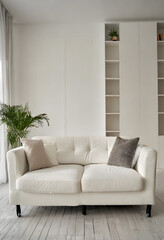 Modern, white minimalist interior. Modern interior design for posters in the living room. Generative AI.