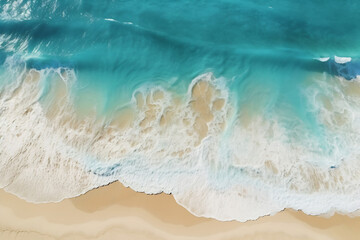 Fototapeta na wymiar Aerial View of Crystal Clear Waves Crashing onto a Sandy Beach, Serene Oceanic Landscape, Tranquility of Nature from Above