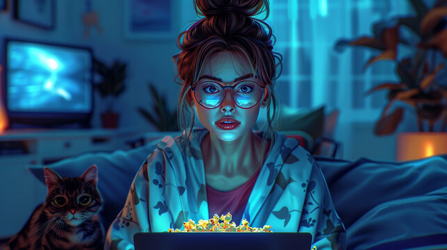Funny woman with glasses and a messy bun wearing a pajama and a robe, eating popcorn and watching a movie on a laptop, sitting on a couch with a cat.