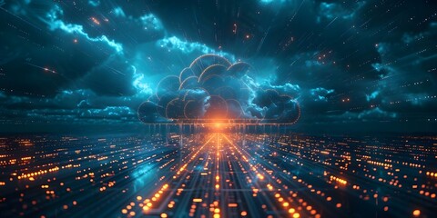 Cloud computing technology transferring big data in a futuristic digital internet environment. Concept Cloud Computing, Big Data Transfer, Futuristic Technology, Digital Environment - obrazy, fototapety, plakaty