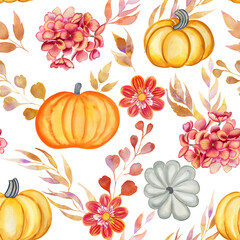 Autumn flowers and pumpkins watercolor seamless pattern. Hand drawn fallen leaves and harvest endless harvest festival background. Print for fabric and wallpaper.