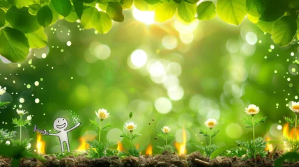 Plexiglas foto achterwand A cartoon character is standing in a field of flowers. The flowers are yellow and green, and the background is a lush green forest. Scene is cheerful and peaceful © Дмитрий Симаков