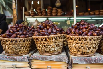 baskets of fresh dates displayed at a middle eastern market