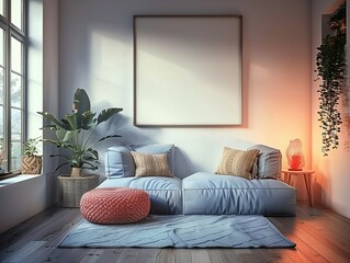 Photo Frame Mockup, modern living room with sofa