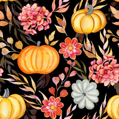 Autumn flowers and pumpkins watercolor seamless pattern. Hand drawn fallen leaves and harvest endless harvest festival background. Print for fabric and wallpaper.