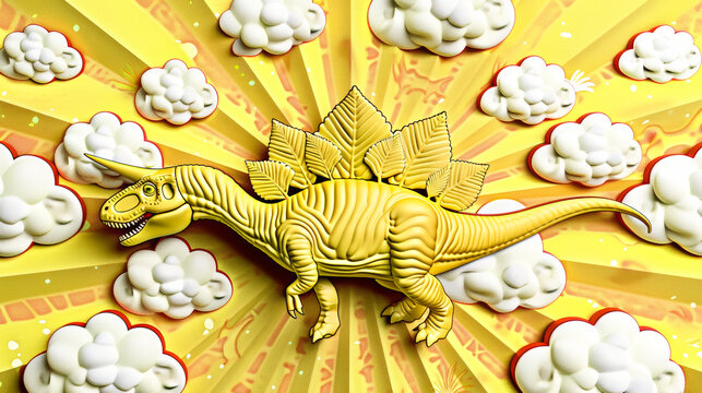 A yellow dinosaur with a leafy tail is standing in front of a yellow sun. The dinosaur is surrounded by clouds, giving the image a whimsical and playful feel