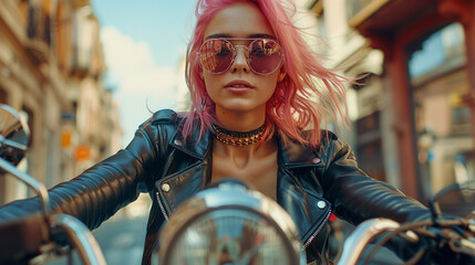 A woman with pink hair and a leather jacket riding a motorcycle on a city street. Adventure and...