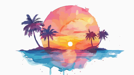 Fototapeta na wymiar Watercolor Beach Sunset Flat vector isolated on white