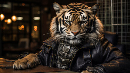 A tiger is wearing a leather jacket and sitting at a desk. The tiger has a menacing look on its face - obrazy, fototapety, plakaty