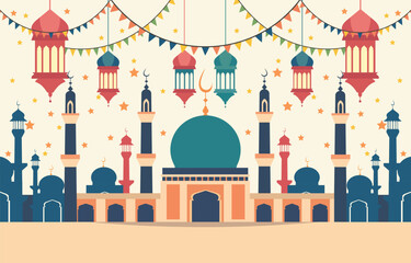 Mosque and Lantern Islamic Eid Al Fitr Festival Card
