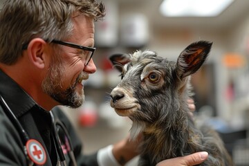 Friendly male veterinarian smiling at a cute goat during a health check-up in a well-equipped clinic - obrazy, fototapety, plakaty