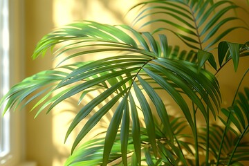 Green tropical palm leaves on yellow background with sunlight. Minimal summer creative flat lay.